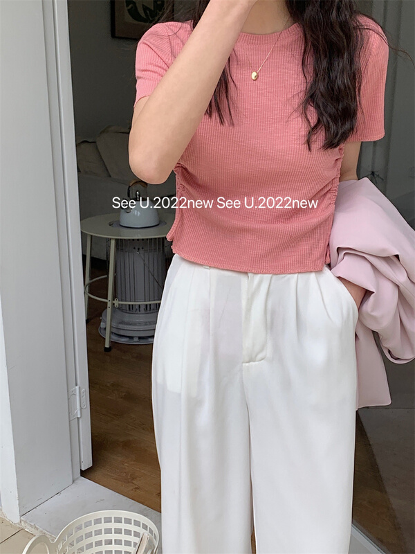 New year in early spring! [see u] crew neck solid drawstring short sleeve T-shirt 9159# XYY