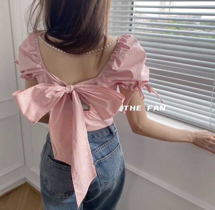 New in early summer! [the fan] pure desire wind bubble sleeve short shirt (with pearl chain) y93076# zxx