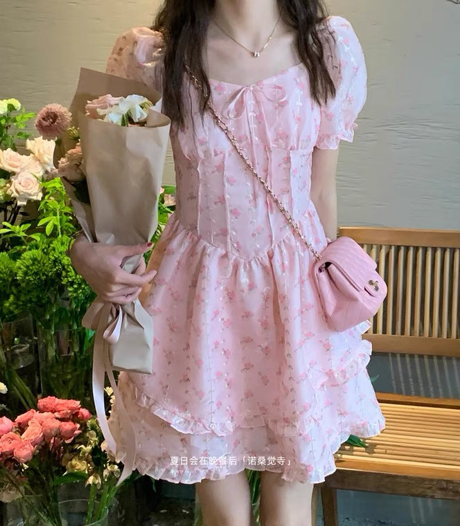 New in early summer! [L.L studio] sweet and gentle floral waist closing bubble sleeve dress 7562# PCZ