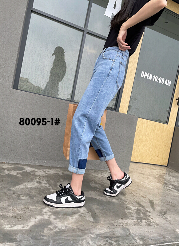 [Mina] Korean personalized color blocking straight jeans 80095# LSW