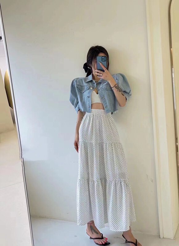[lidada] Korean fashion denim Top + slim wave point skirt suit 2851# HBx