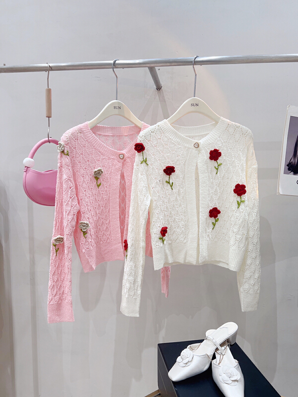 New in early summer! [sun] three dimensional hook flower pearl hollow out knitted cardigan my8883# lwy