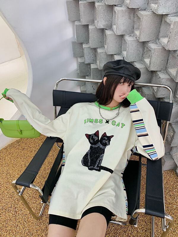 [Nancy] cat image print long sleeve T-shirt q8891# WPL