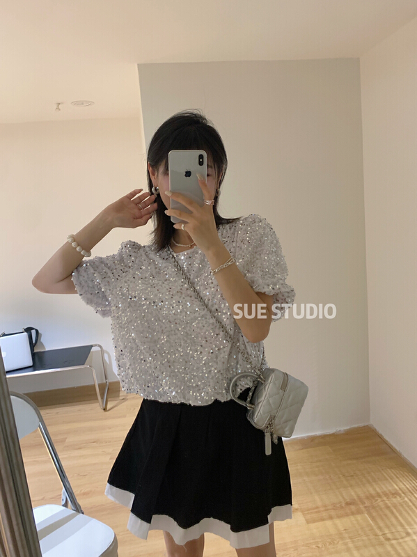 New in early summer! [Sue studio] round neck heavy industry Sequin T-shirt 22271# ZSY