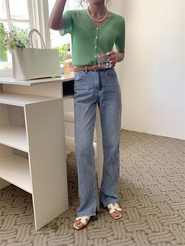 [about me] Korean micro horn split jeans 217720# cqw