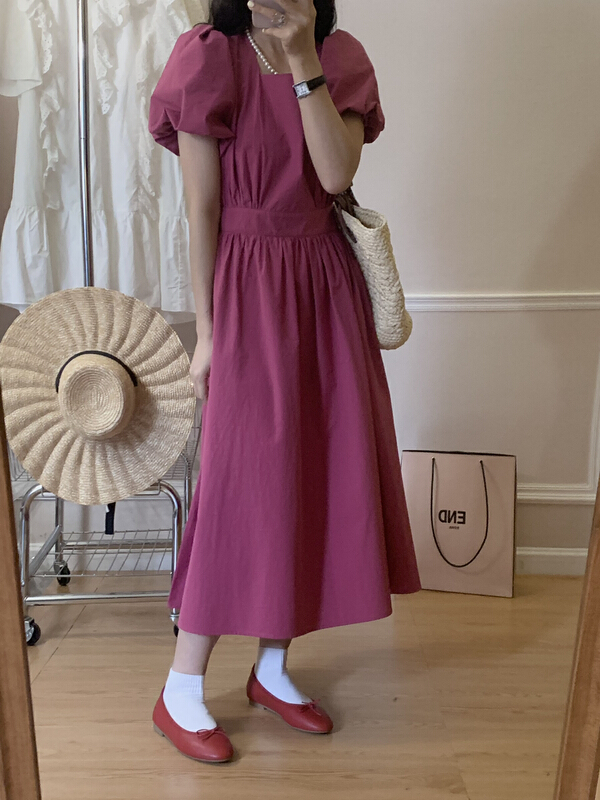 New in early summer! [Zoe Zoe] Korean version square neck back bandage loose bubble sleeve dress c331# L