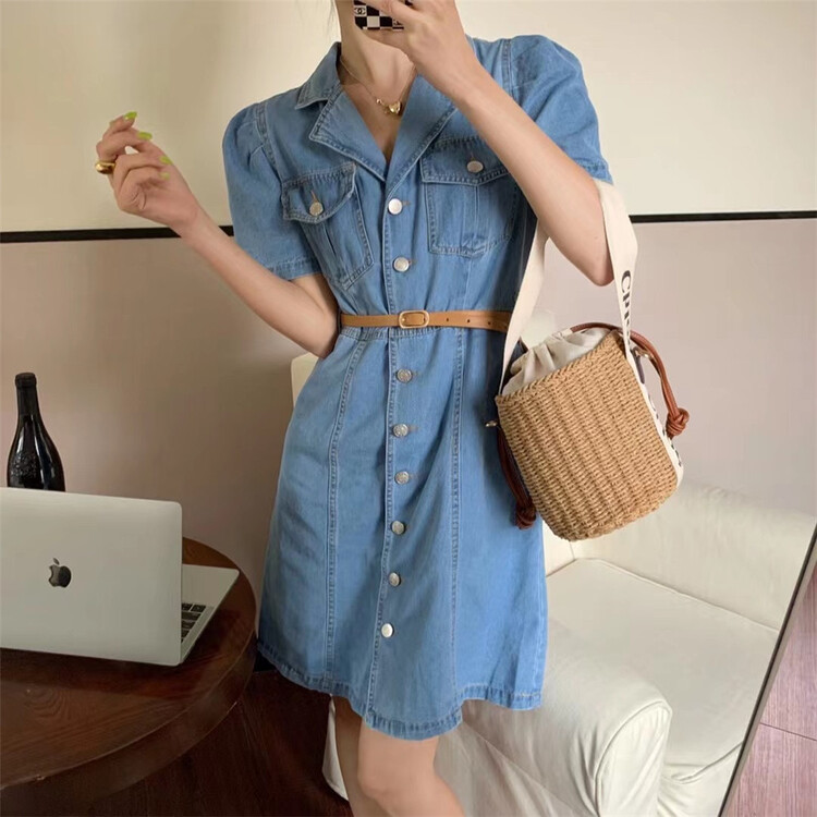 [Aiyi] Korean style jeans dress with bubble sleeves (with belt) 2249# zxx