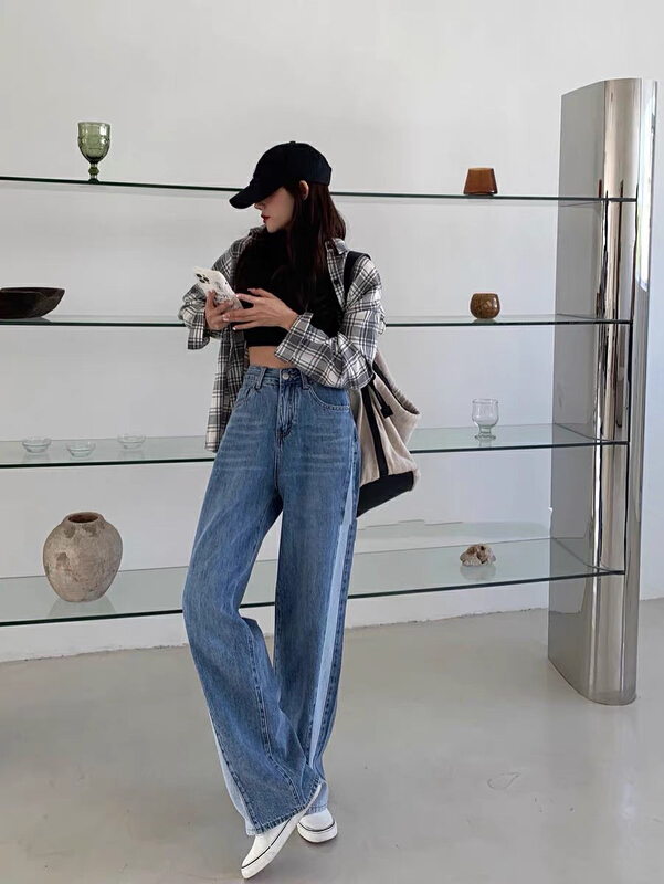 goods in stock! [u.she] Korean personalized color blocking wide leg jeans 53119# cqw