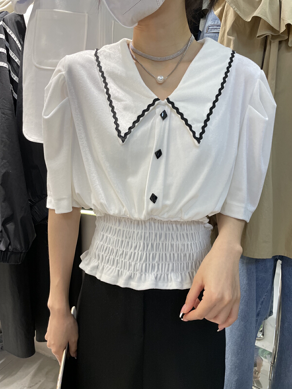 New year in early spring! [dream fly] temperament color contrast edge velvet waist closing blouse 61111# XJ