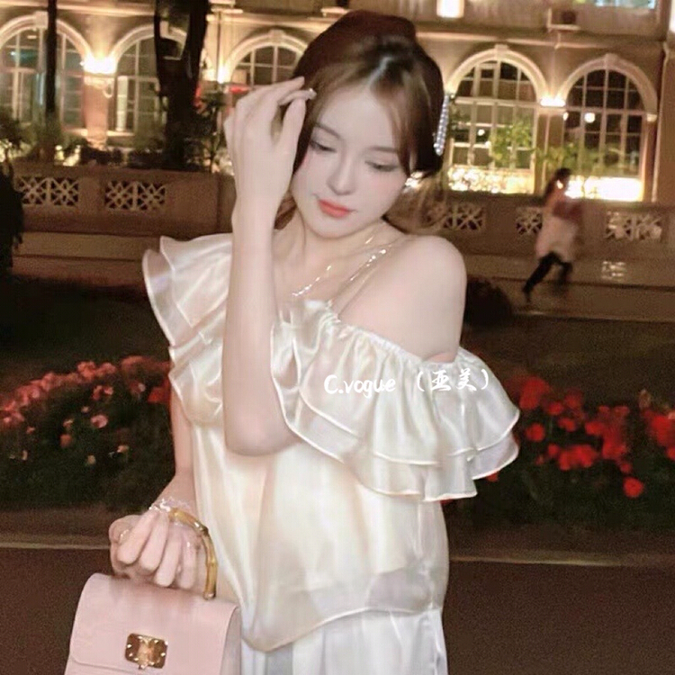 [c.vogue] French one shoulder versatile shirt (with a detachable Rhinestone shoulder strap) 2876# PCZ