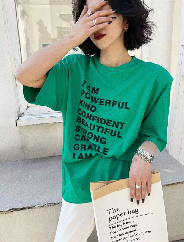 Stock! In early summer! [keep] Korean alphabet printed short sleeve T-shirt 7725-4\wtt