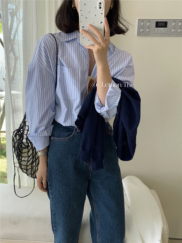 New year in early spring! [lemon green tea] striped single breasted versatile shirt 2036# hjy