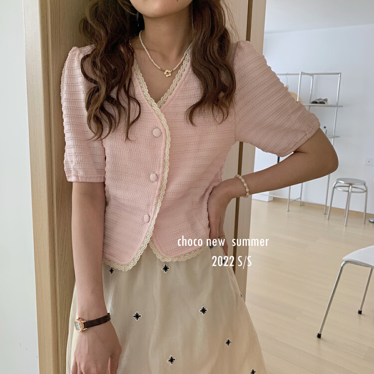 [choco] Korean style small fresh stitched lace V-neck shirt 8273# HBx