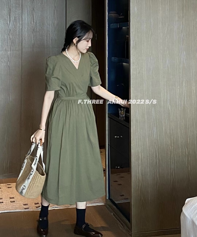 [f.three] V-neck lace up waist dress 95116# XJ