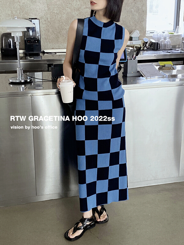 [gracetina Hoo] German woven combed cotton checkerboard versatile slim skirt z839# zxl