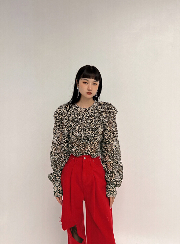 [dtwo] printed lotus leaf collar, slim shirt 2121070# zxl