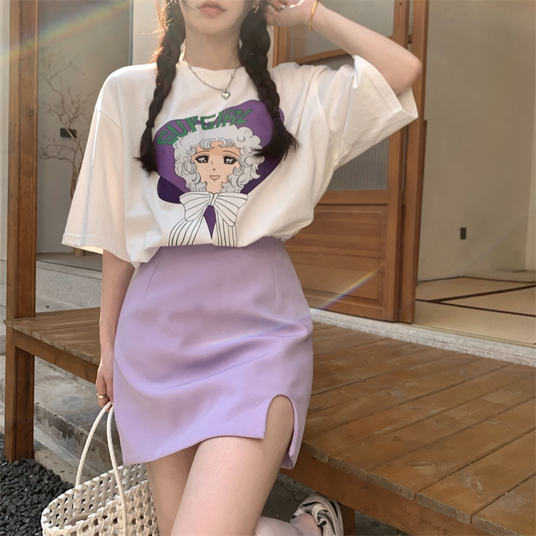 goods in stock! New in early summer! [timely rain] Korean style ins design sense printed cartoon pattern loose and versatile short sleeve T-shirt 31218# WPL