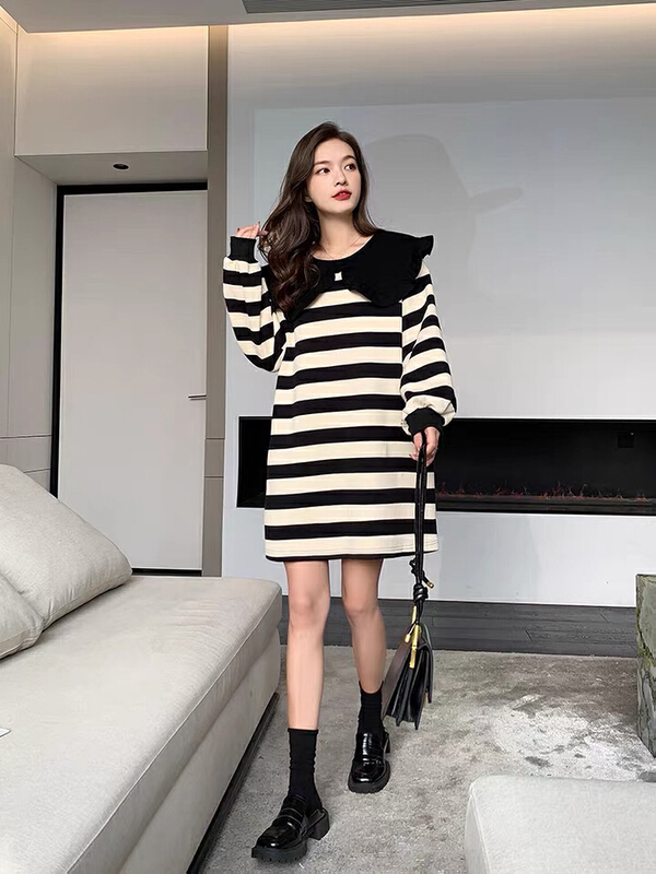 New year in early spring! [LML] Korean loose stripe age reducing baby collar dress l6396# ozq