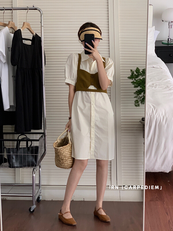 [R n] Korean French style waist closing small crowd bubble sleeve fake two-piece dress 80955# ll
