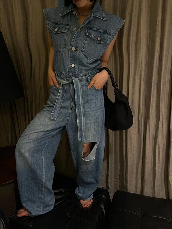 [jvv sister] lazy casual pierced denim Jumpsuit (with belt) 2693# zxl