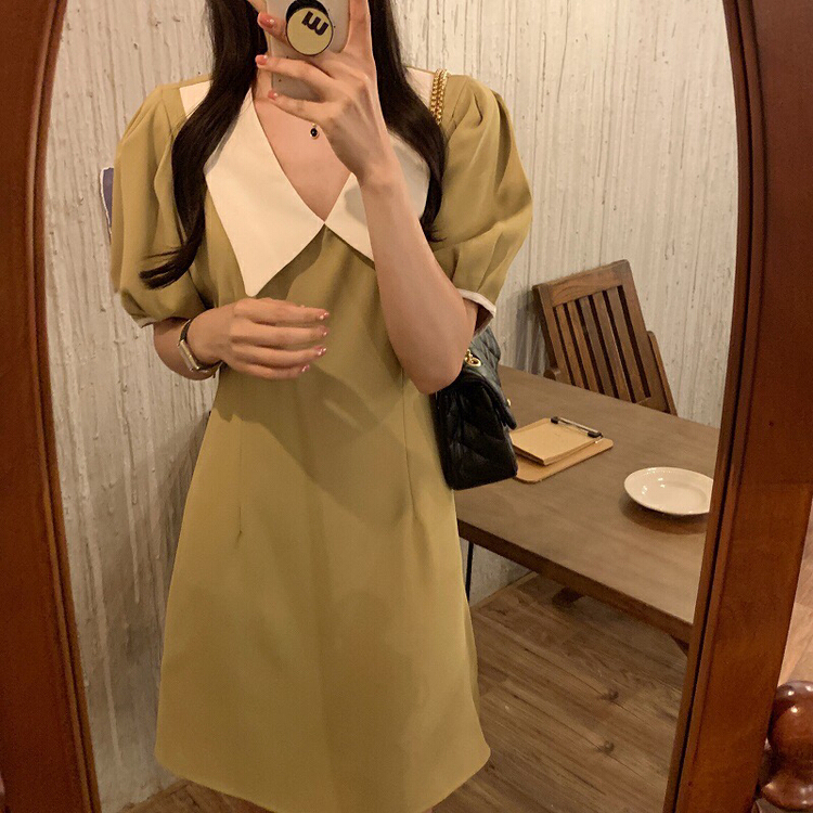 [bobi] fashion bandage contrast collar bubble sleeve dress 8878# hjy