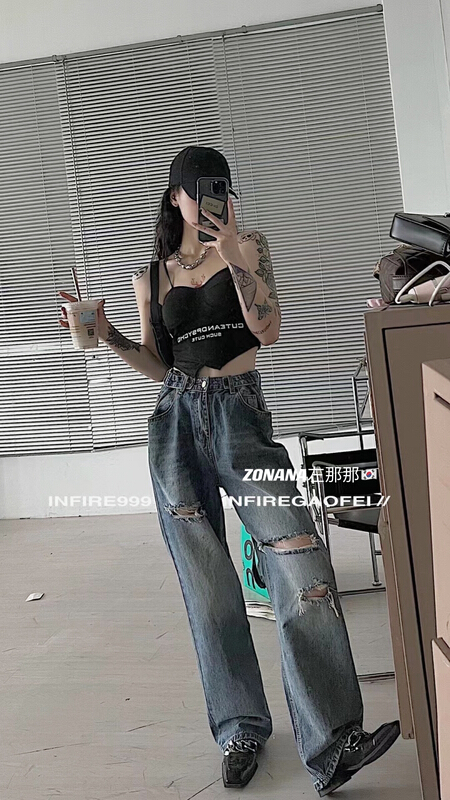 [zonana left] pierced straight leg versatile jeans 589# zxx