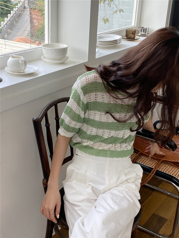 [in by in] Korean simple stripe short sleeve sweater s0800# zjy