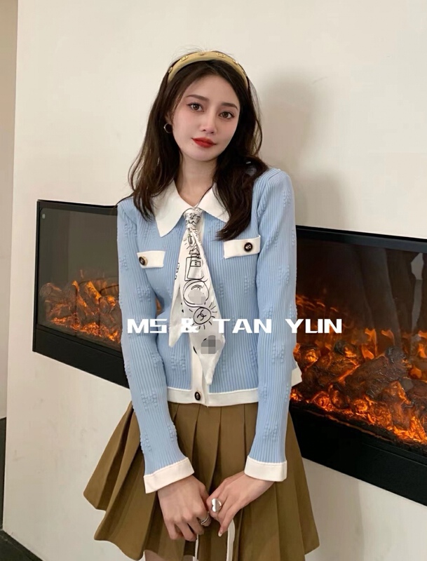 [pan] Korean color blocking design comfortable knitted cardigan (with silk scarf) 00248# PCZ