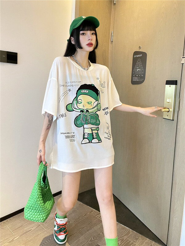 [3 + 2] Korean cartoon nail bead medium long loose short sleeve T-shirt 3245# WPL