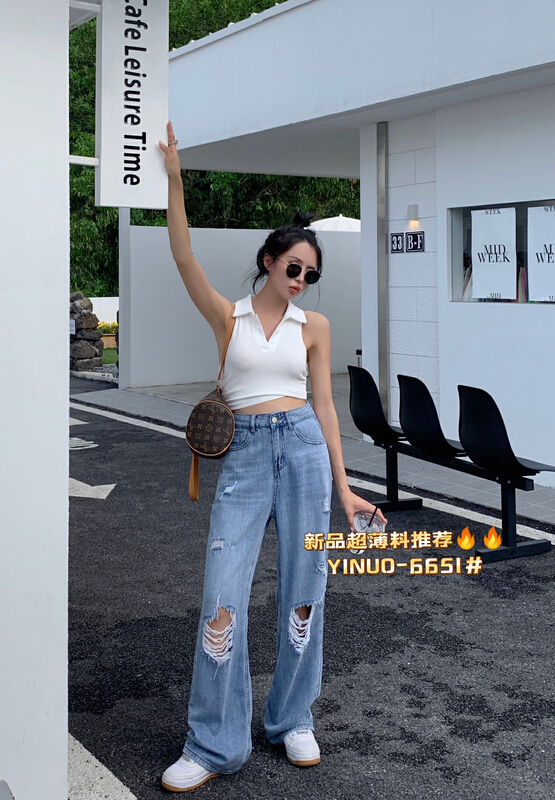 [Yinuo Yinuo jeans] Korean wide leg jeans with holes 6651# zjy