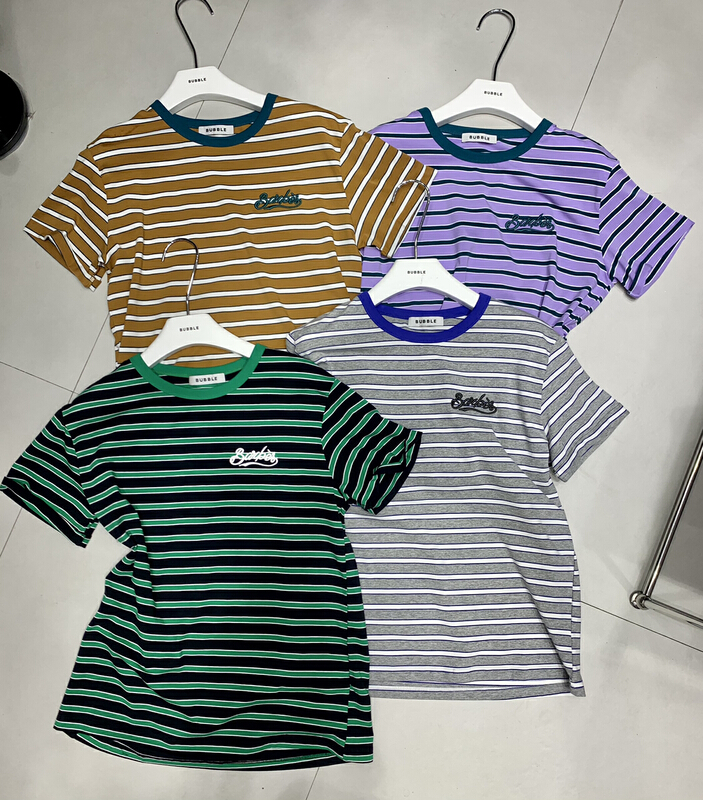 [bubble] Korean color contrast stripe letter embroidery short sleeve T-shirt 22t095# ozq