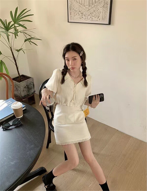 [six] baby collar single breasted short shirt + simple short skirt suit 06255# PCZ