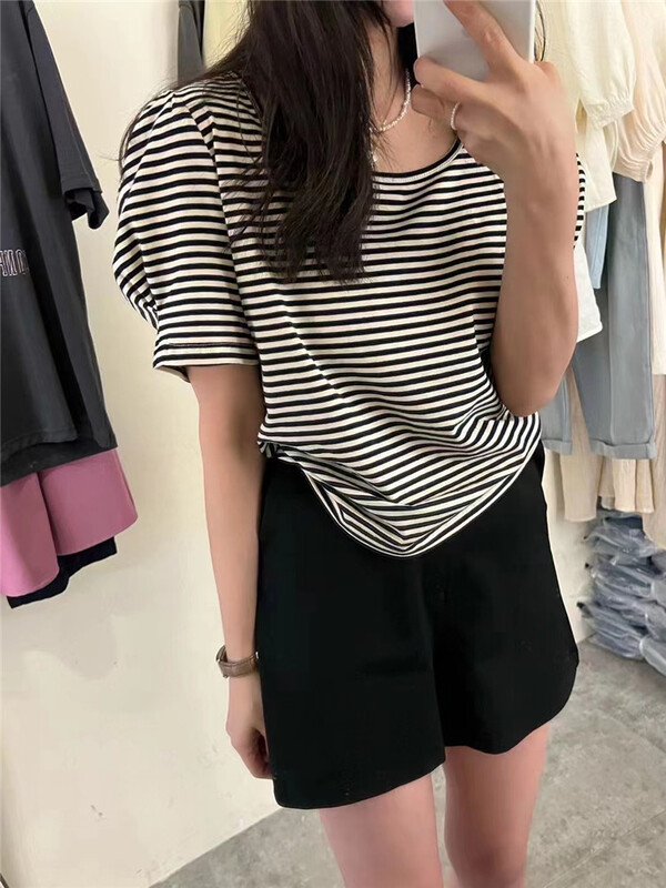 [h2-studio] Korean stripe U-neck short sleeve T-shirt a807# HBx