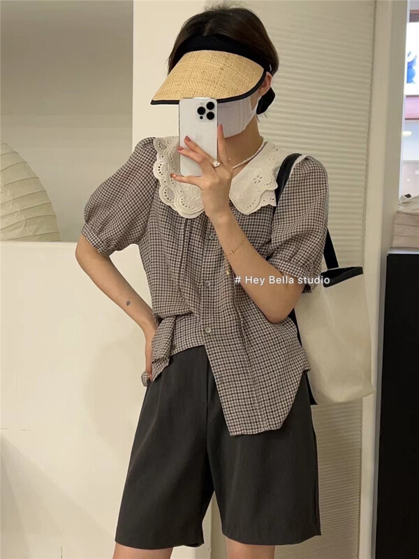 [hey Bella] simple temperament Plaid doll neck blouse 1587# ll