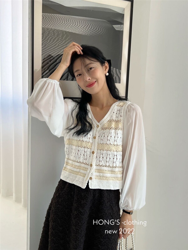 [Hong's] V-neck splicing single breasted shirt 8803# ll