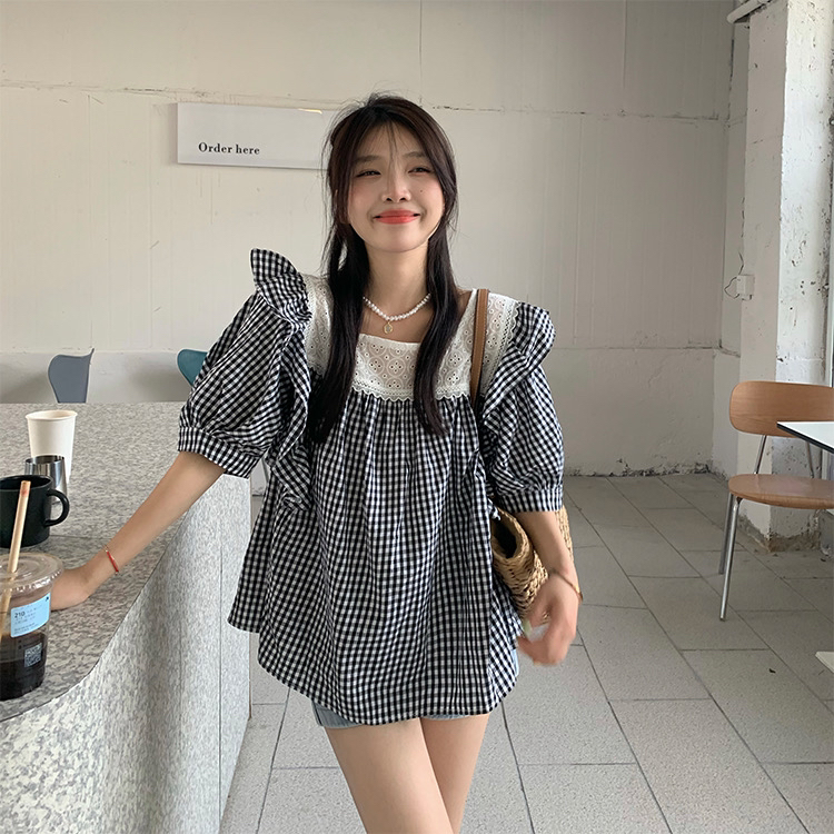 [timely rain] Han Feng ins sweet design sense lace is thin square neck loose and versatile plaid shirt 03259# WPL