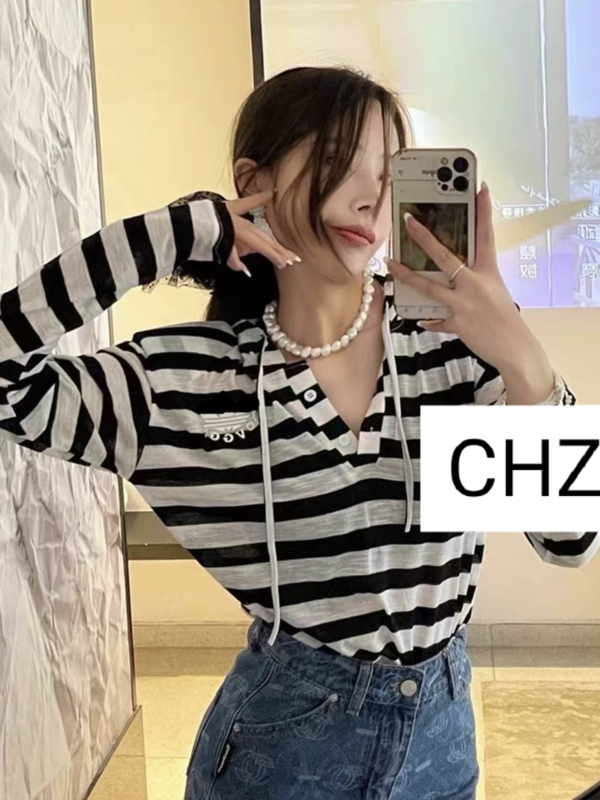[c.h.z] casual style print loose stripe thin and versatile hooded sunscreen shirt 90920# WTT