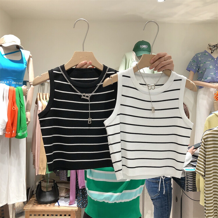 [Weika] Korean stripe color contrast versatile slim short vest (with necklace) 8051\lwy