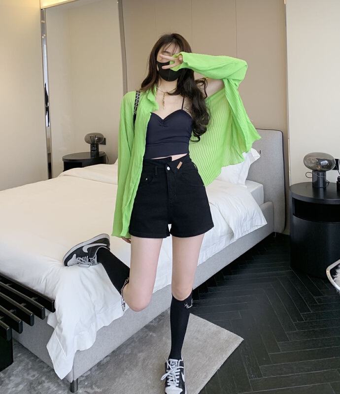 [pudr] label triangle flap elastic denim shorts 2082-1 black 2082-2 white # XJ