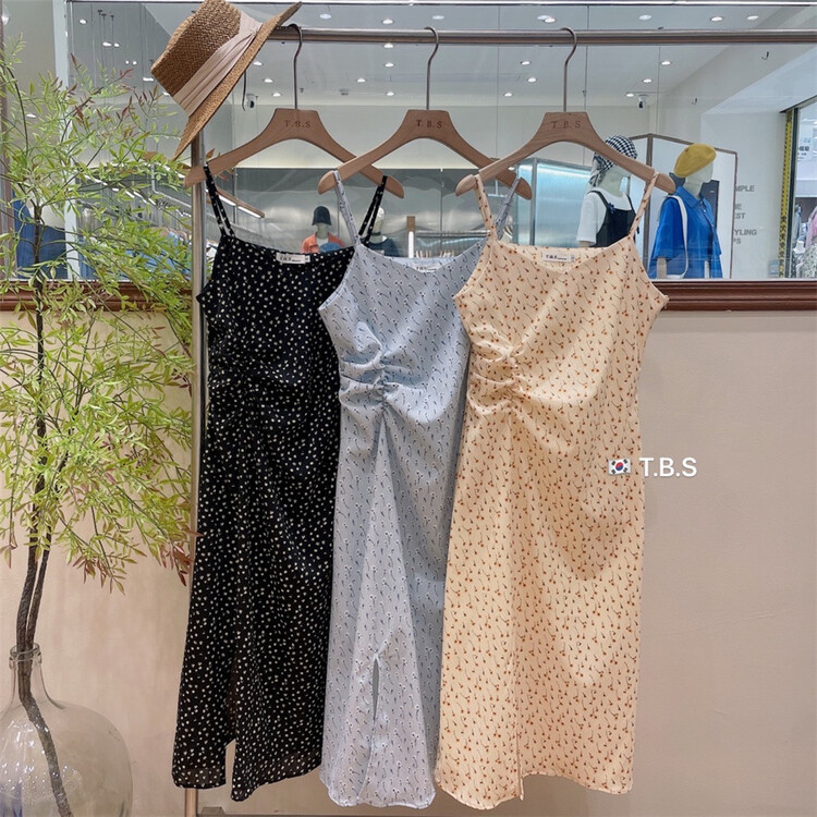 [t.b.s] temperament pleated split floral suspender dress 9205# lwy