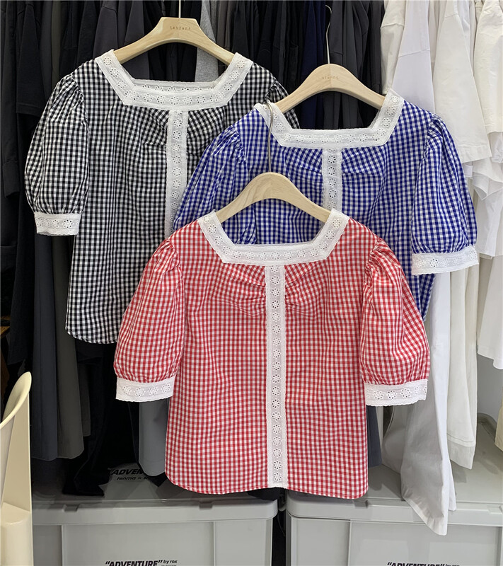 [sanbara] square neck color blocking slim shirt 9383# LSW