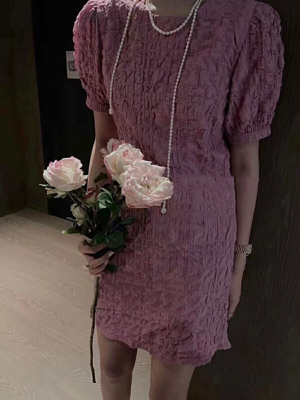 [JH] net red small fragrance Solid Color Lantern Sleeve Dress 41752# PCZ