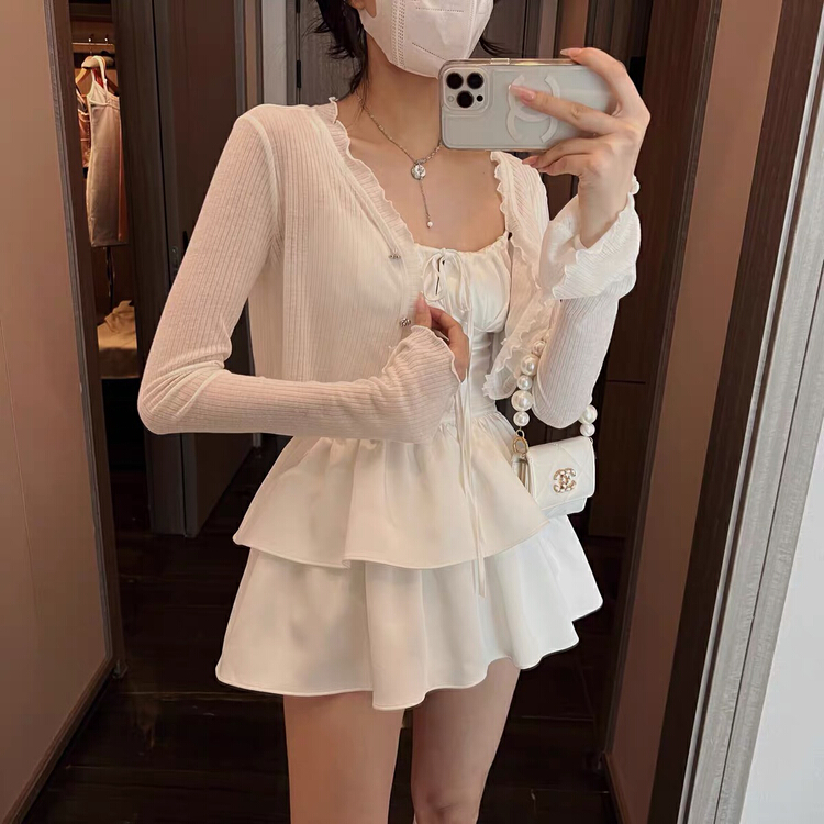 [RM. HH] perspective lace sunscreen shirt + versatile sling + crimped Korean skirt suit 329# ozq