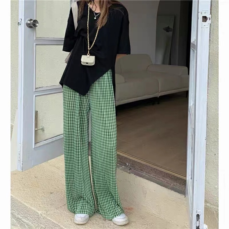 [twins] Plaid thin style loose hanging high waist casual pants 70001# hjy