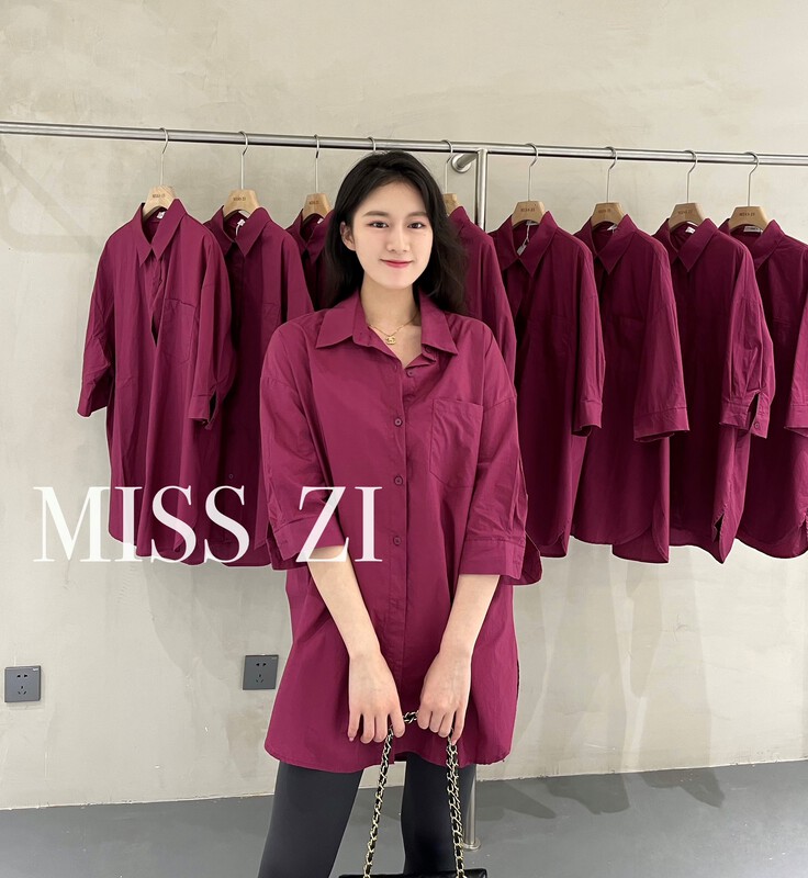 [miss Zi] Korean version solid color loose single pocket medium sleeve shirt 2381# cqw