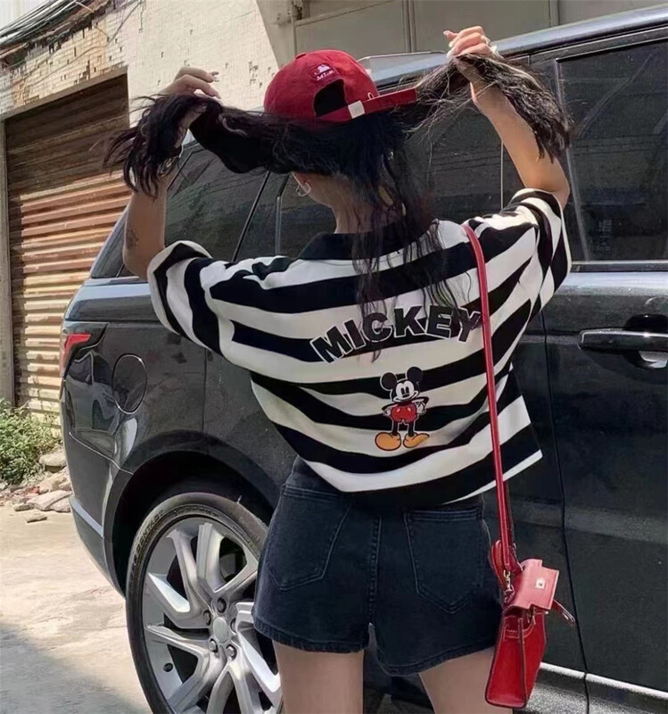 [Susan] Mickey stripe slim short sleeve T-shirt 6671# LSW