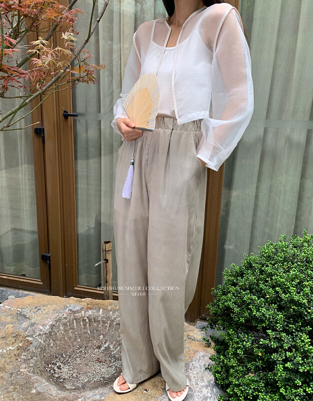 [neihe] retro striped straight tube wide leg casual pants 11518# zxx