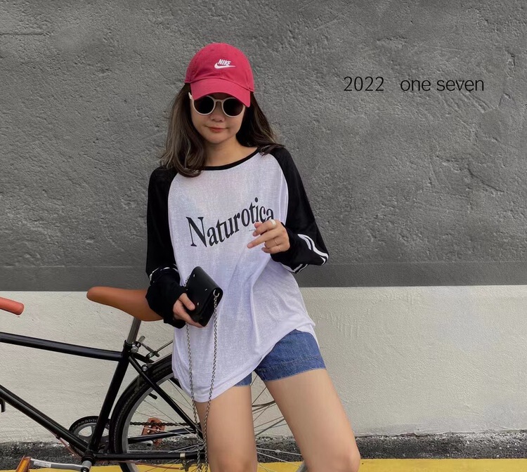 [one seven] crew neck color block lettered long sleeve T-shirt t6357\lsl