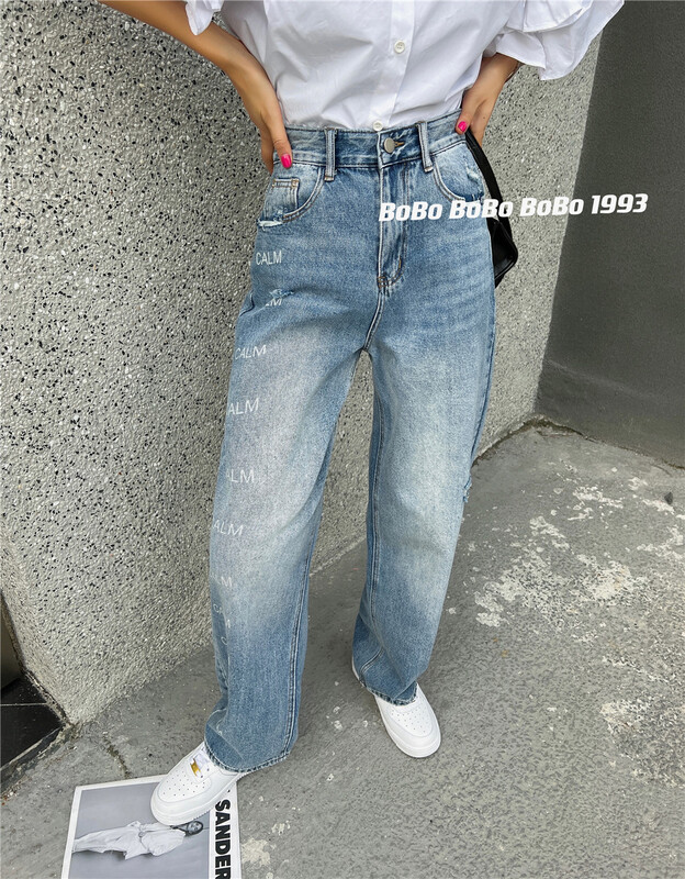 [Bobo] fashion retro and versatile letter mopping jeans 1993# cqw