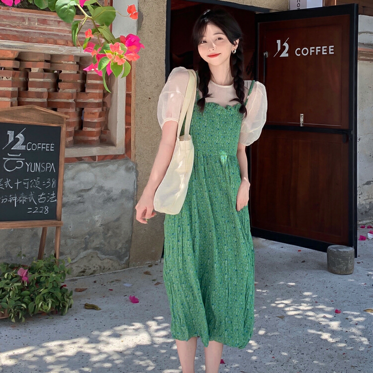 goods in stock! [timely rain] Han Feng ins sweet temperament versatile holiday style thin floral suspender dress v215# WPL